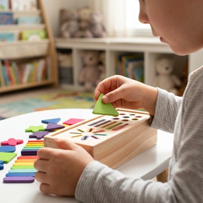 Bébé réfléchit sur ou insérer le triangle vert du cube d'activite bebe