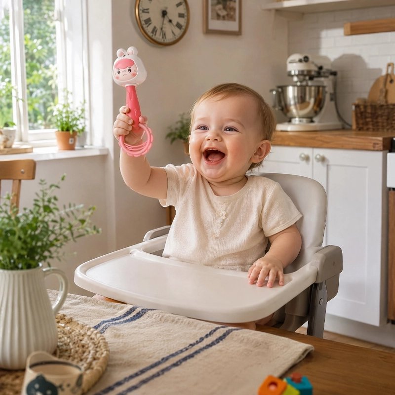 bébé soulève son Hochet bébé tout heureux