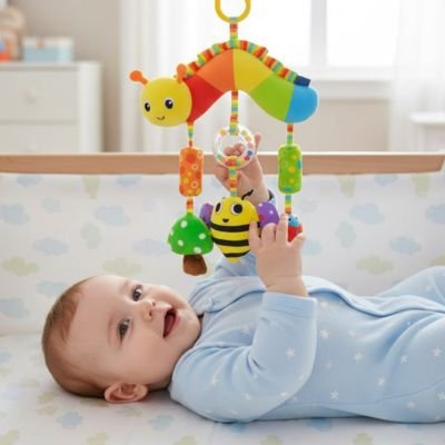 Bébé agite son jouet bebe depuis sa position dorsale 