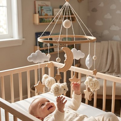 Les mouvements des mains du bébé se coordonnent avec sa vue pour attrapper le mobile bebe