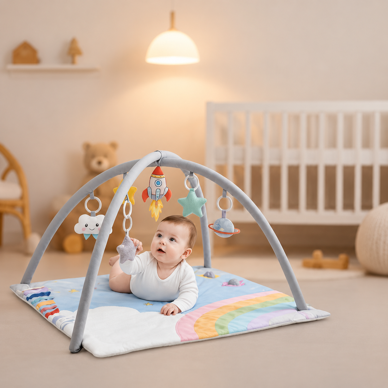 Bébé tire sur le jouet du tapis d'éveil bébé en position ventrale 