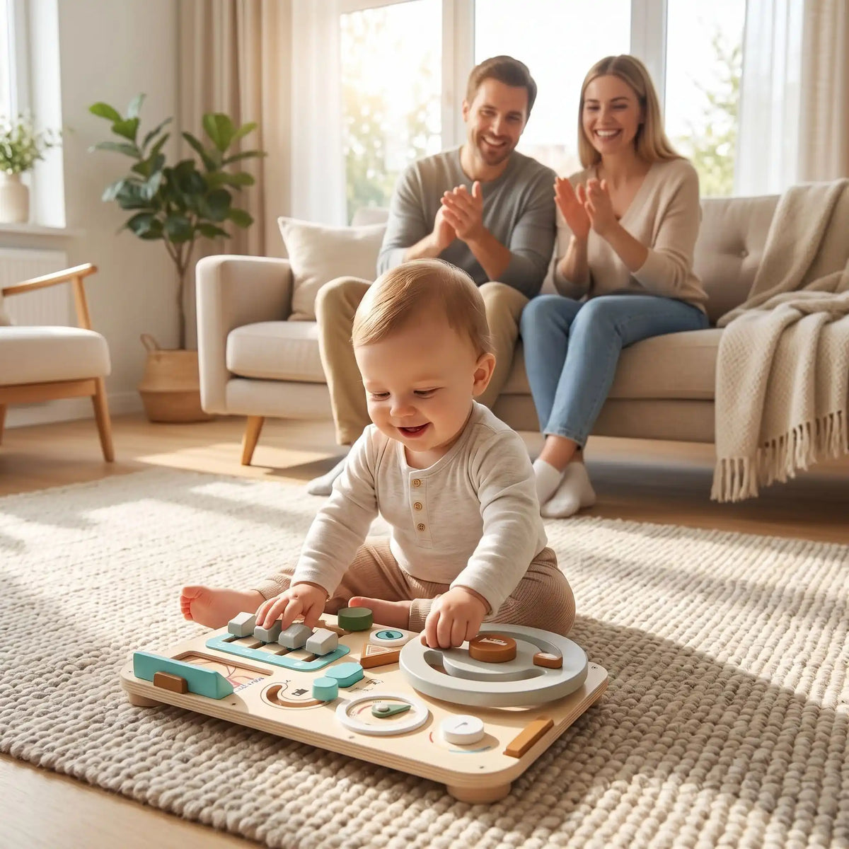 Bébé tourne le volant et change la vitesse du cube motricité bébé