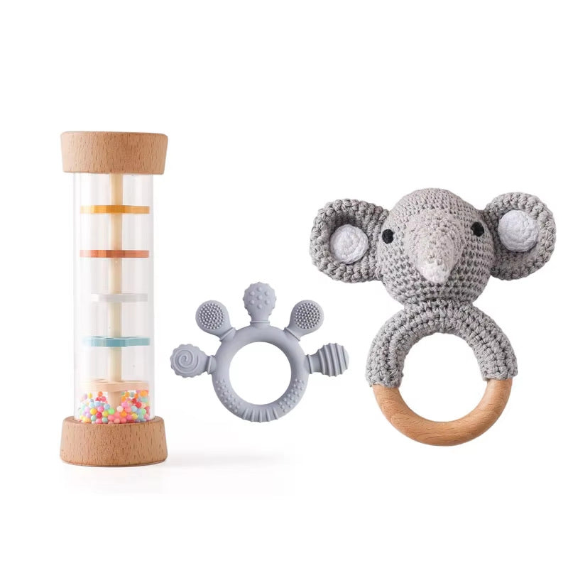 Baton de pluie bebe hochet éléphant et anneau gris