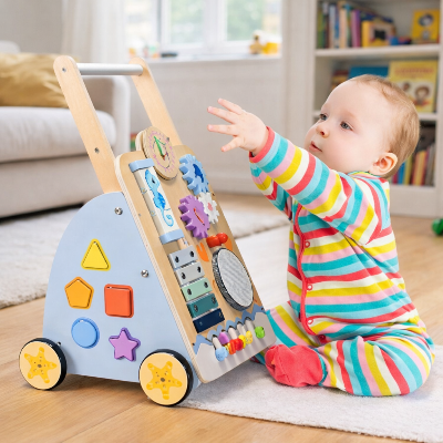 Le tout petit en position assis  tend les main pour atteindre la  hanche du trotteur de marche