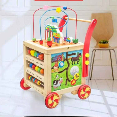 Chariot de marche bebe avec un cube de formes et animaux de ferme
