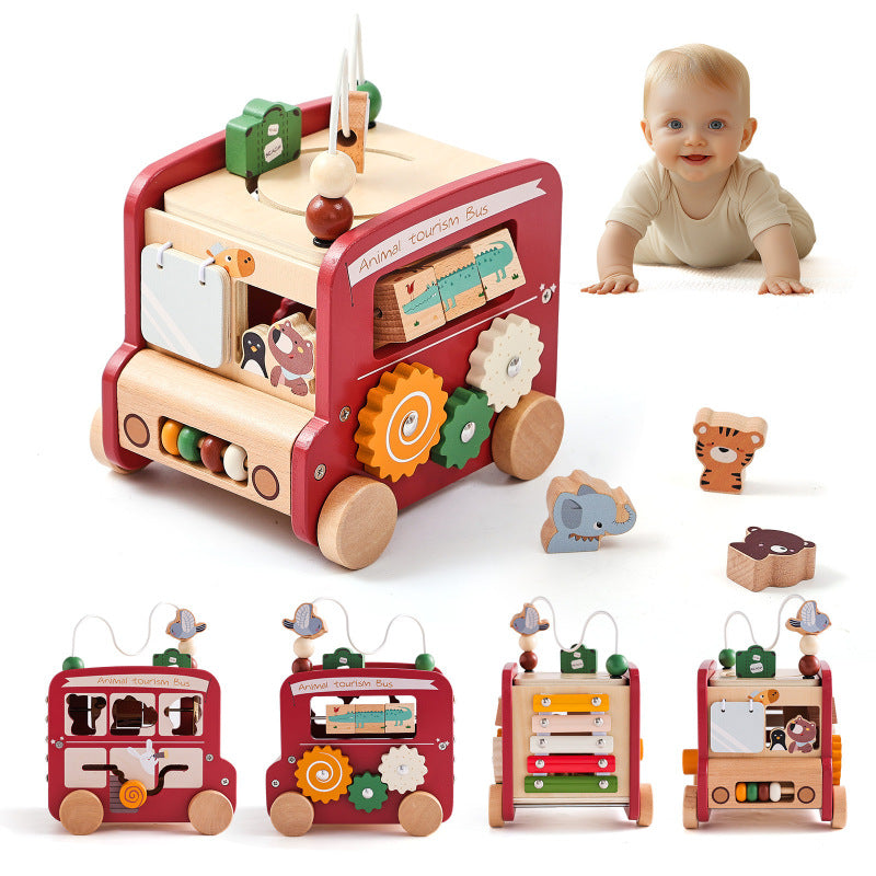 Cube motricité bébé 5 faces en bois rouge