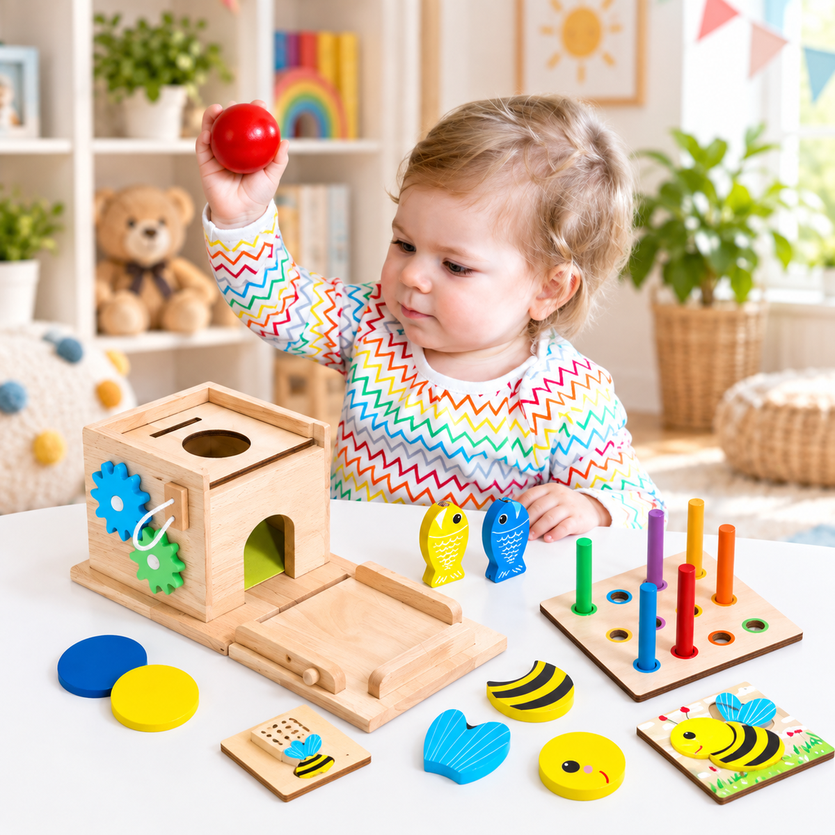 Cube motricité bébé bois entraîne la petite main 