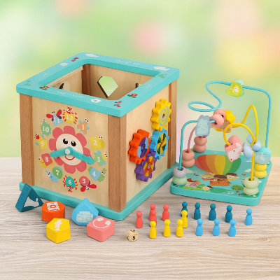Cube motricité bébé avec son stckage intégré, son jeux d'échec.