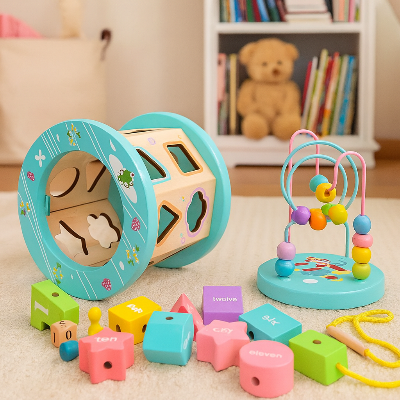 Cube motricité bébéqui sert de son propre espace de rangement apres le jeu
