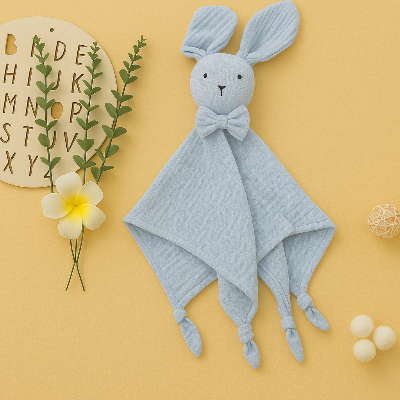 doudou lapin bleu  en mousseline de coton
