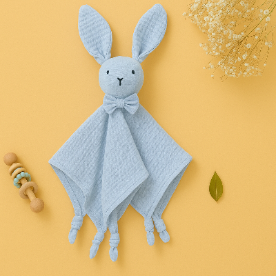 Doudou lapin bleu et ses noeuds pour la motricité.