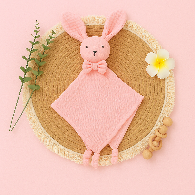 La couleur vive du doudou lapin rose capture l'attention .