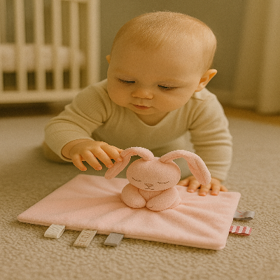 Doudou lapin rose fait de polyester ultra-doux pour la peaux délicate des touts petits.