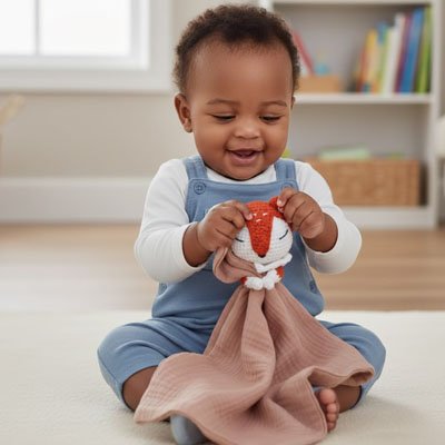 Doudou renard avec ses petits oreilles colorés à saisir et tirer 
