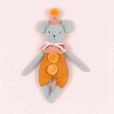 Doudou souris de couleur jaune et grise