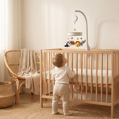 Bébé hors du berceau le regard fixé sur le mobile bebe accroché au dessus du berceau 