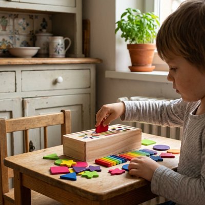 Le tout petit fait glisser la forme et la couleur dans le trou correspondant  du cube d'activite bebe