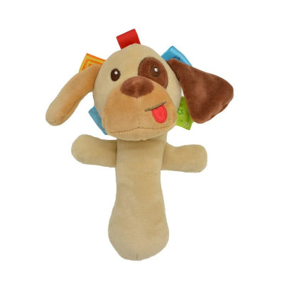 Hochet bébé motif chien , couleurs et textures variées.