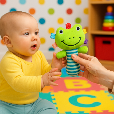Le bruit émit par le hochet bébé éguise l'ouie et oriente les mouvements du bébé.
