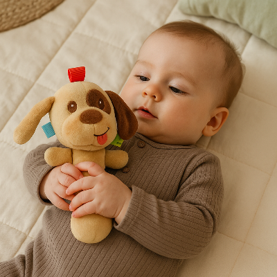 Bébé calmement allongé, captivé par son hochet qu'il tient fermement entre ses petites mains.
