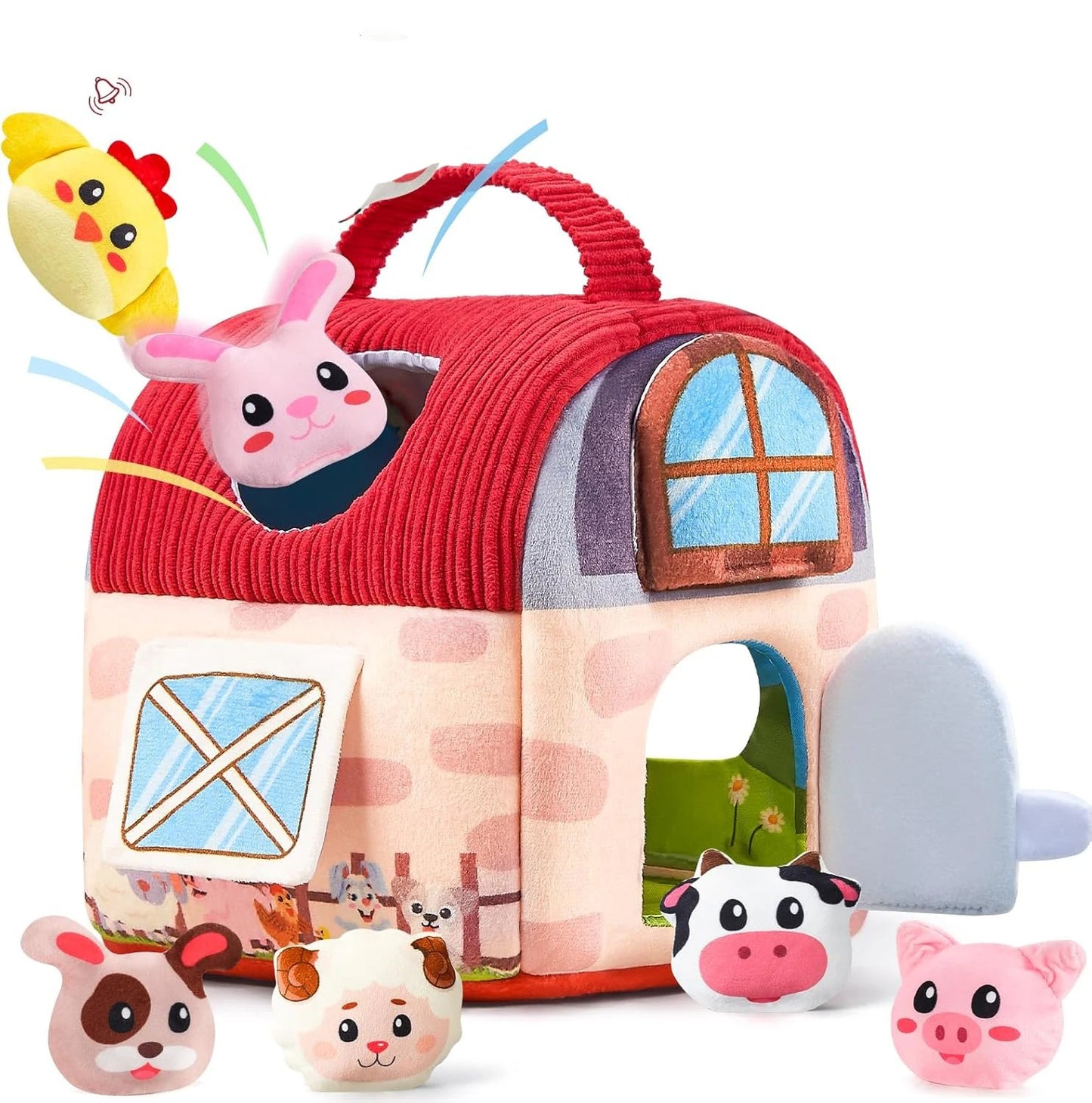 Hochet bébé, six animaux et une grange rose