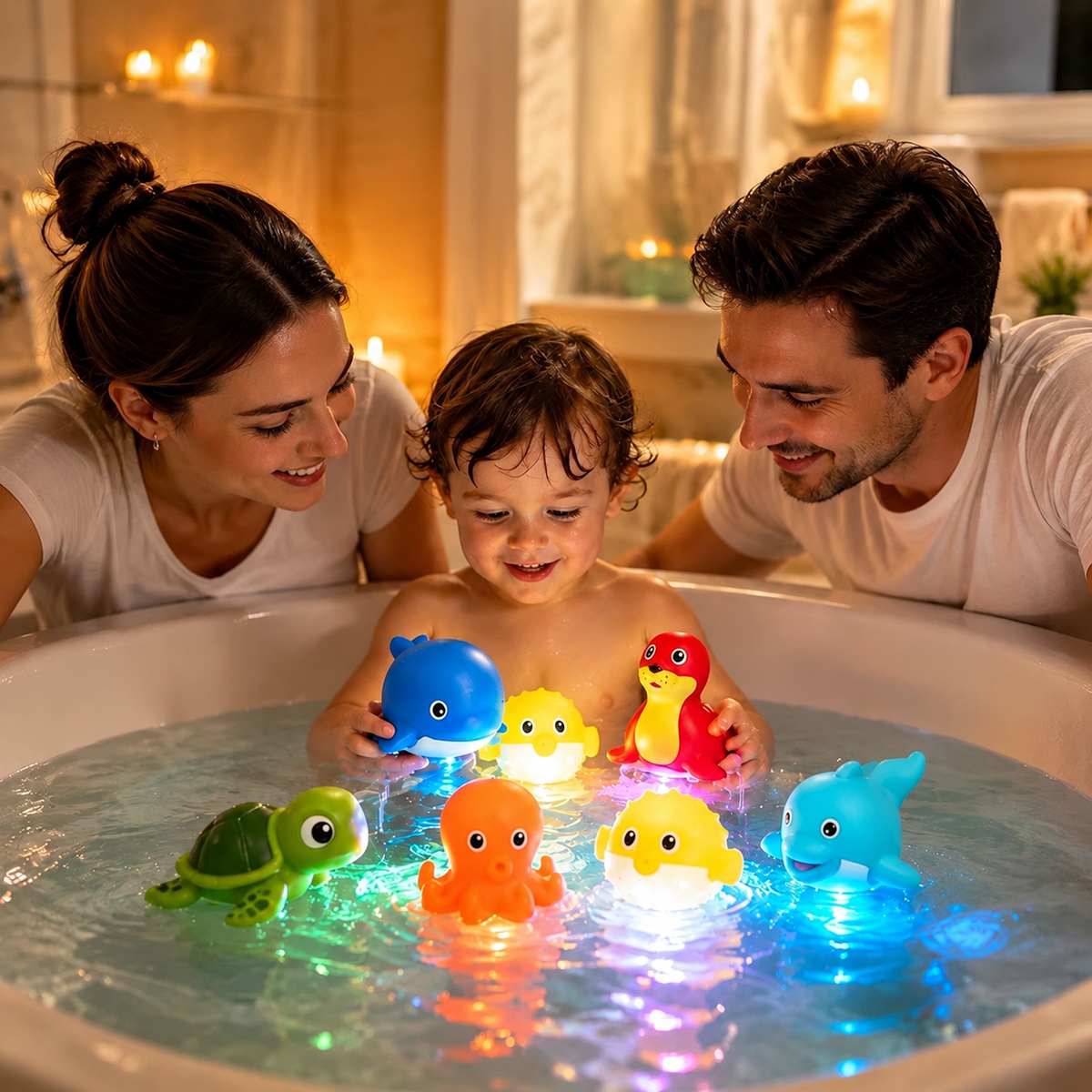 Jouet baignoire pour bebe pour bain en famille à la lueur des chandelles