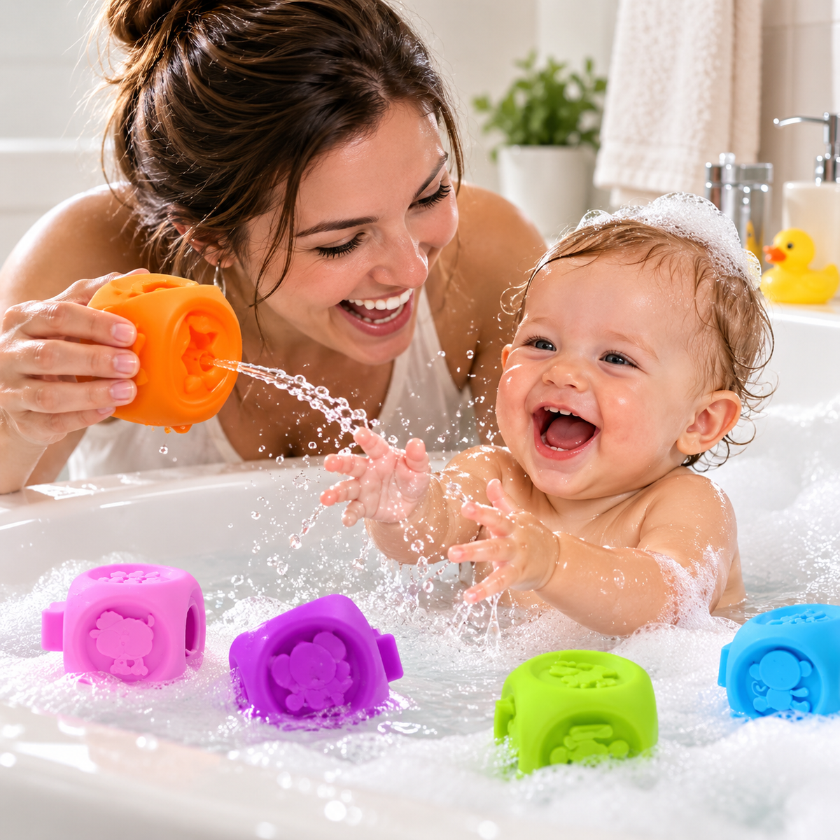 Moment de bain joyeux pour maman et bébé avec le jouet baignoire pour bebe