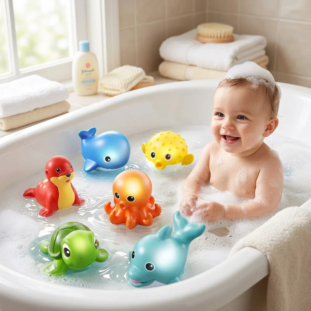 Jouet baignoire pour bebe qui le fait sourire dans le bain