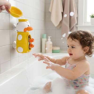 Jeu avec les éclaboussures d'eau  du Jouet bain bebe 