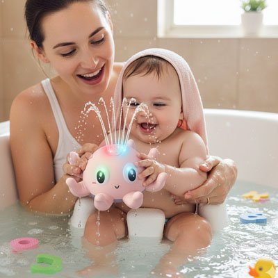 Maman et sa petite fille dans la baignoire partageant un moment privilégié avec le jouet bain bébé