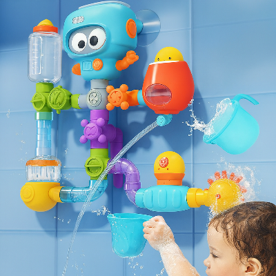 Stimulation de la coordination œil-main en essayant de recueillir l'eau qui tombe du jouet bain bébé