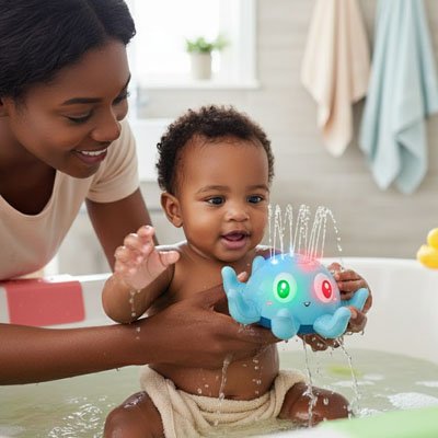 Le tout petit surpris et éblouir lorsque maman lui présente le jouet bain bebe Pieuvre électrique   