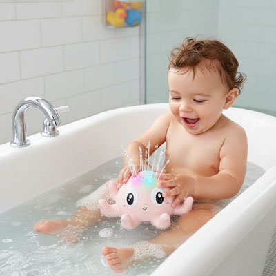 Jouet bain bébé aide la petite a rester calme souriante dans le bain