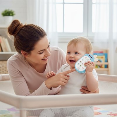 Bébé porte a l'oreille son Jouet bebe 1 an téléphone portable qui sonne sous le regard de maman