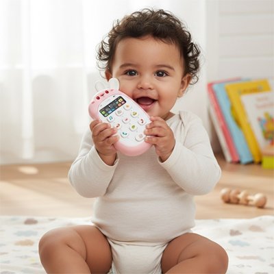 Jouet bebe 1 an en forme de téléphone portable dans les petites mains