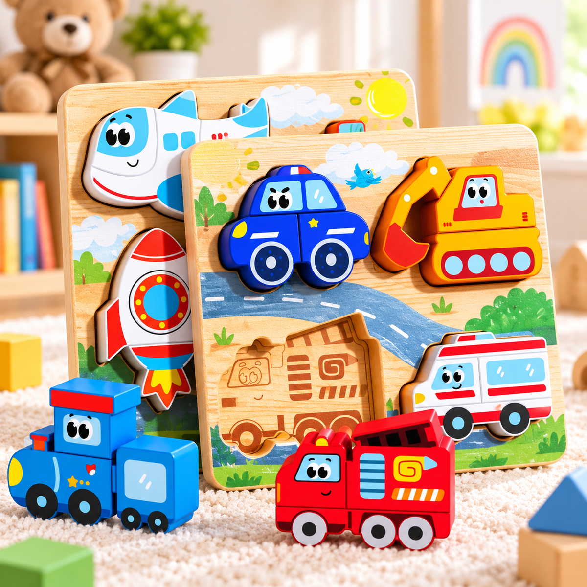Jouet bebe bois petits véhicules puzzle