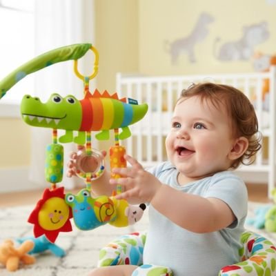 Bébé joue avec ce jouet bebe crocodile coloré accroché à son parc