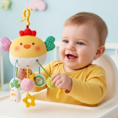 Bebe installer sur sa chaise haute attrape et tire sur le jouet bebe eveil a sa hauteur