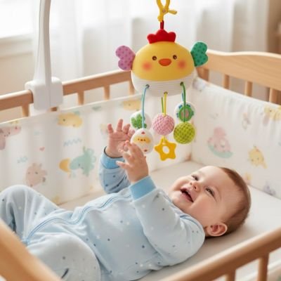 Jouet bebe eveil, essayer d'attraper le petit poussin suspendu