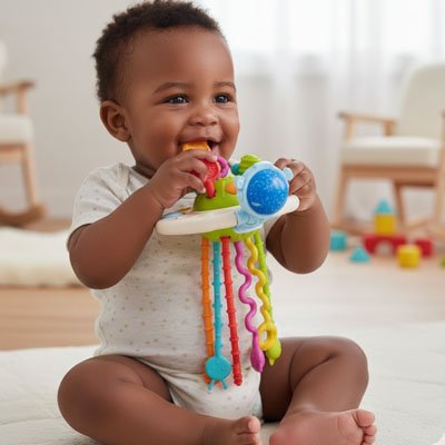 Jouet bebe eveil facile a saisir et a porter a la bouche avec sourire