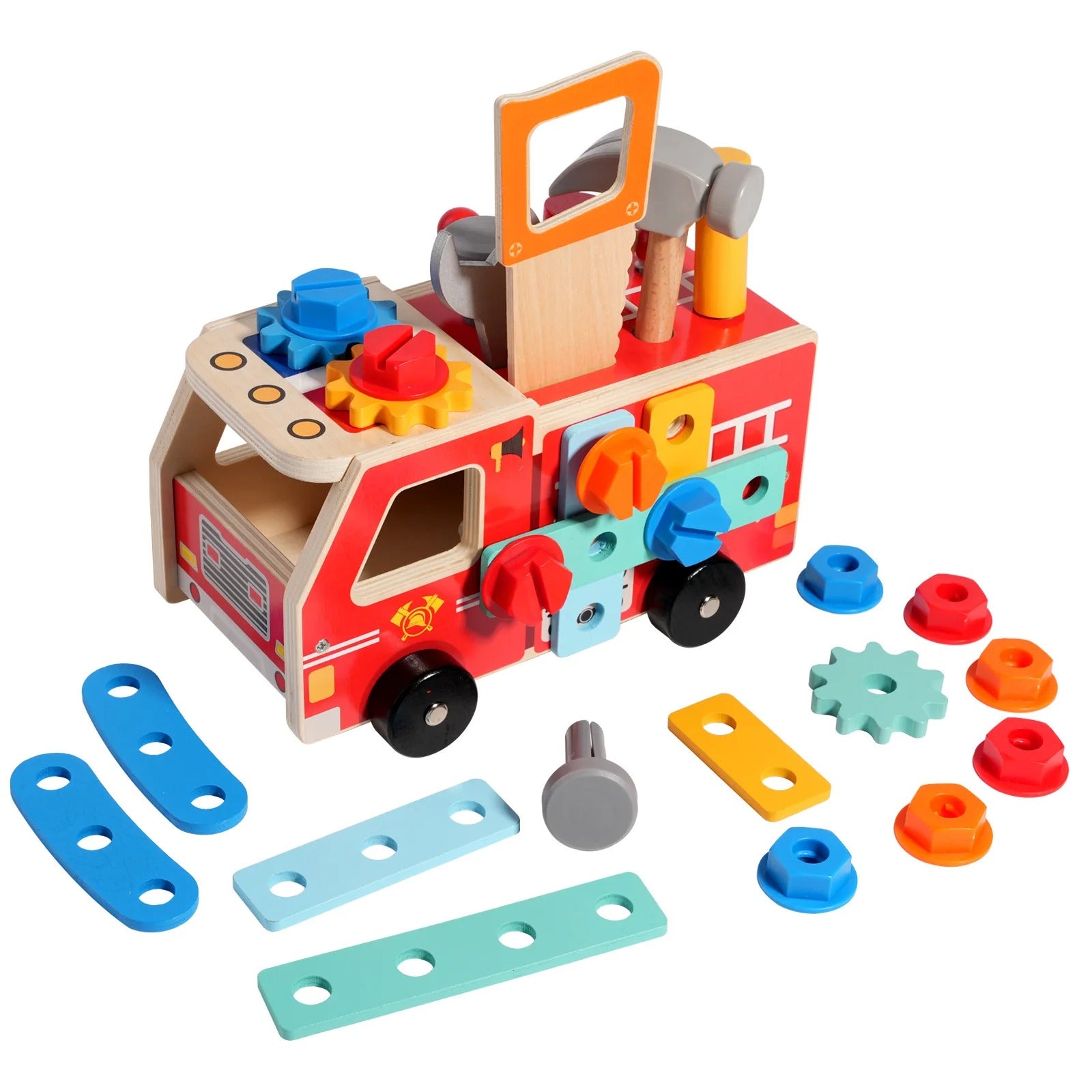 Jouet bebe bois camion pompier avec outils