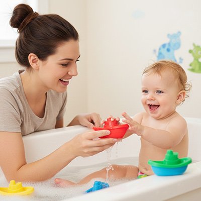 Jouet de bain​ aide maman et bebe à avoir des moment sereins pendant le bain 