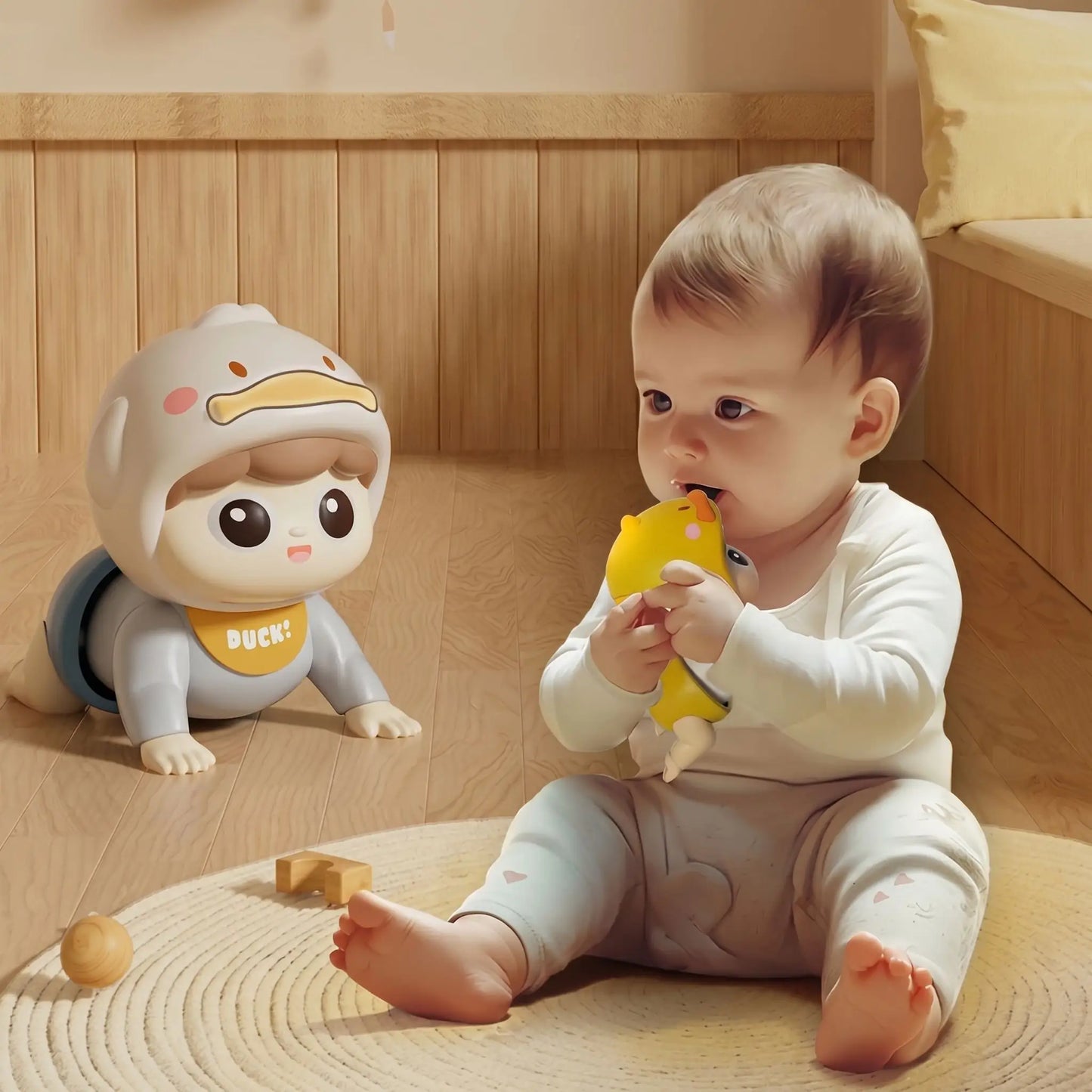 Jouet d'eveil bebe petit canard rampant dans la bouche