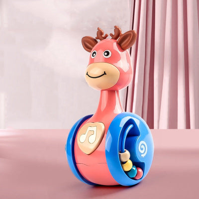 Jouet eveil bebe faon roulant et sonore rose