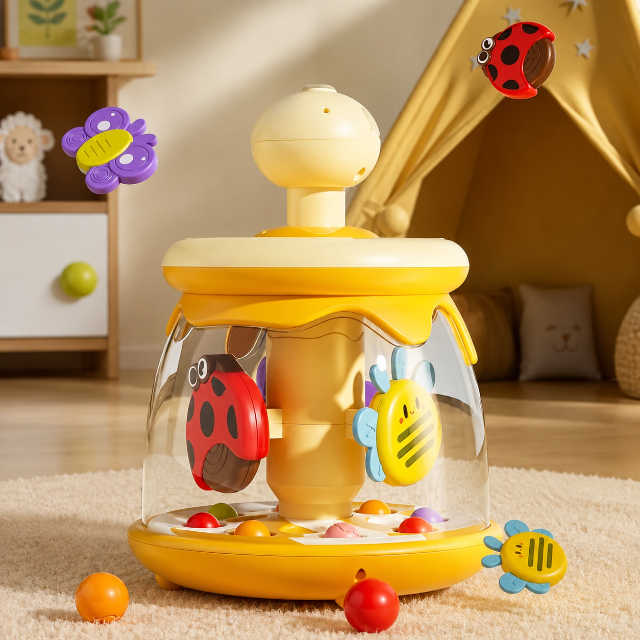 Jouet eveil bebe mecanique jaune avec des petits insectes qui tournent