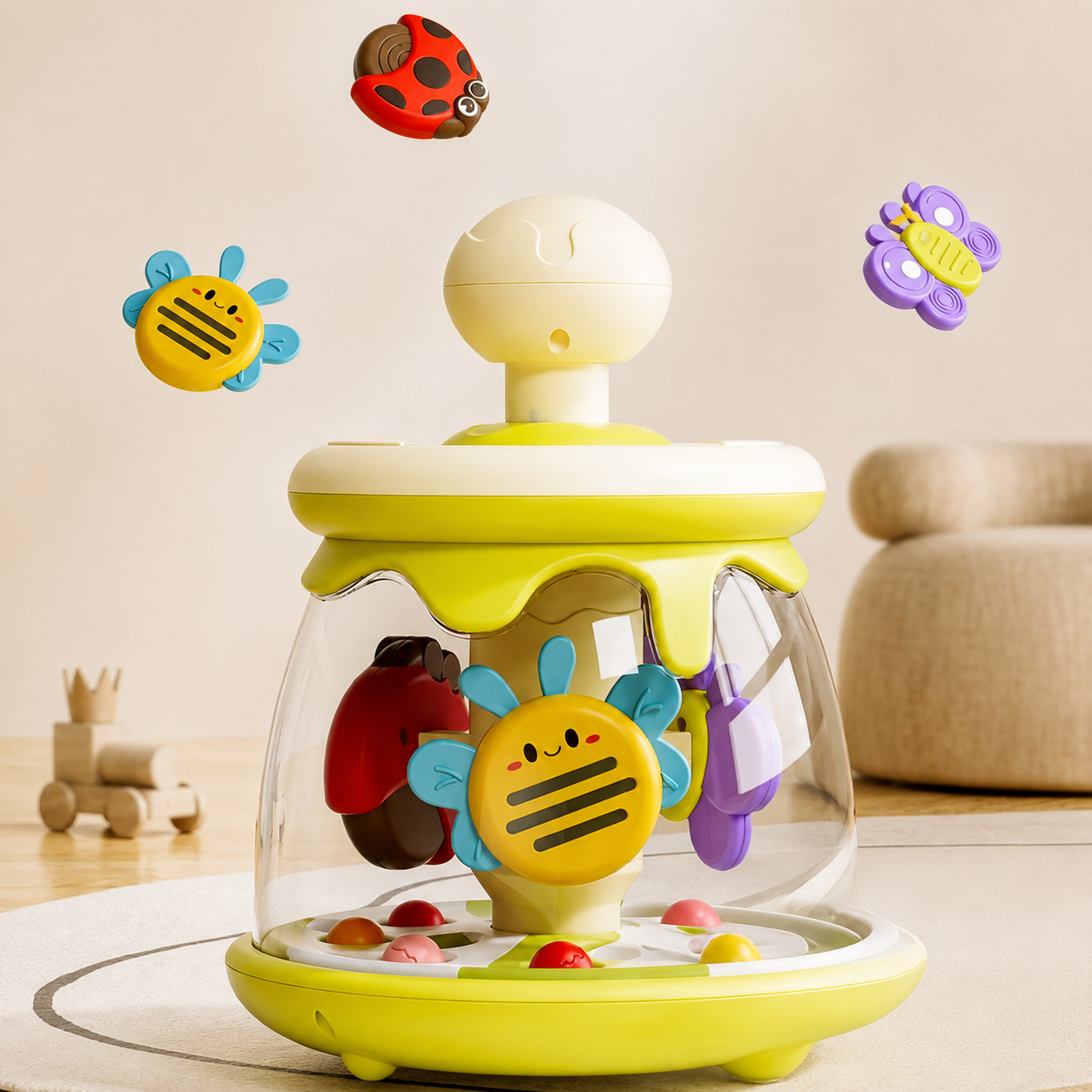 Jouet eveil bebe mecanique vert avec des petits insectes qui tournent