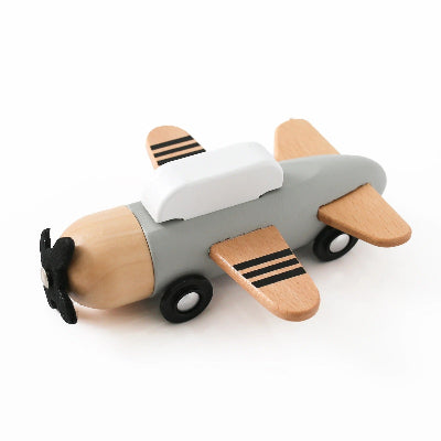 Jouets bois bebe avion  planeur gris