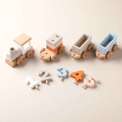 Jouets bois bebe locomotive et wagons dépièce