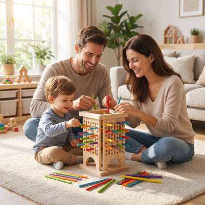 La famille assembler autour du cube d'activité bébé