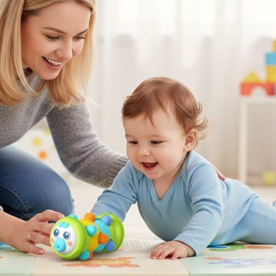 Maman surveille son bout de chou qui essaie d'atteindre le jouet eveil bebe